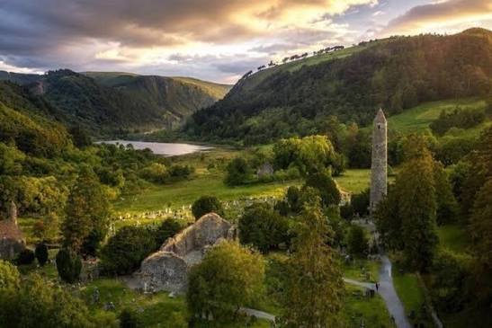 The round tower and Upper Lake at Glendalough