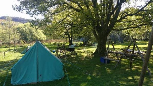 A bell tent and pioneering table under an oak tree at Lough Dan Scout Centre
