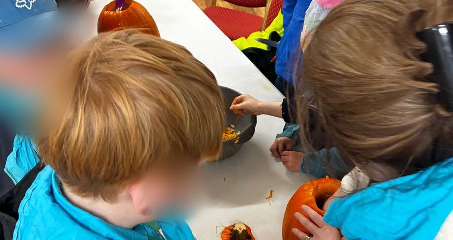 Cubs carving pumpkins at their Halloween evening (faces blurred)
